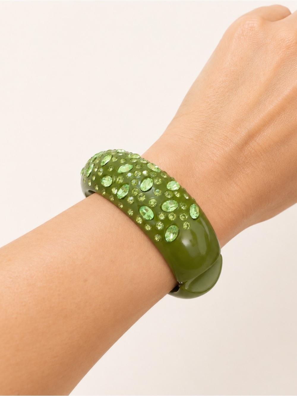 Vintage Olive Green Rhinestone Acrylic Hinged Clamper Bangle Bracelet